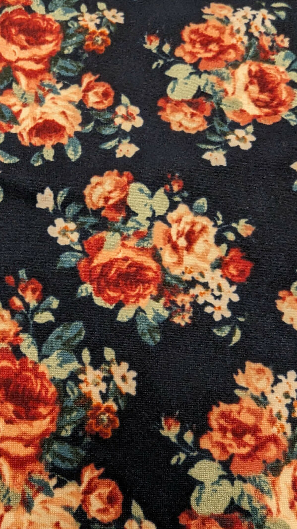 Midnight Blue Floral Print Double Brushed Polyester Knit Fabric 50"W - 1 3/4 yds+