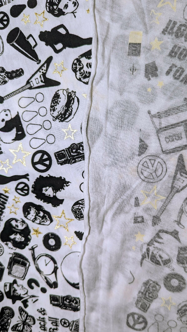 White/Black Rock & Roll Novelty Print Cotton Jersey Knit Fabric 62"W - 1 3/4 yds+