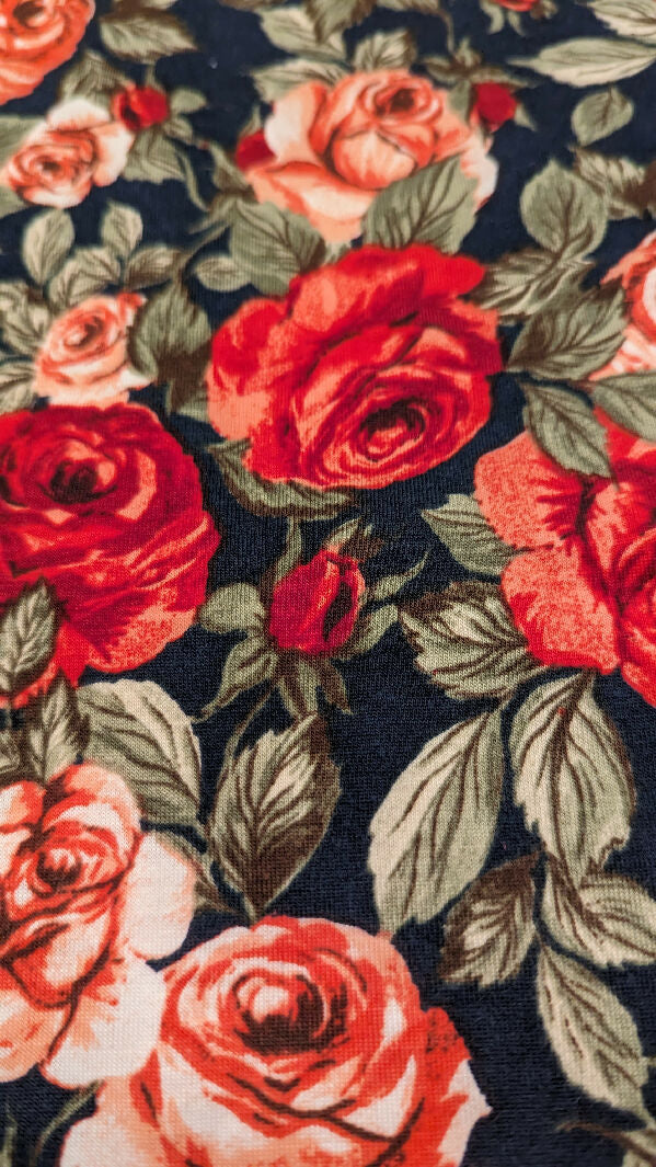 Navy Blue Rose Floral Print Poly Cotton Jersey Knit Fabric 60"W - 2 1/4 yds
