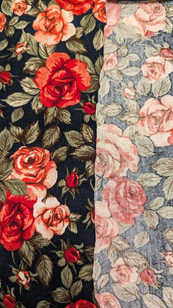Navy Blue Rose Floral Print Poly Cotton Jersey Knit Fabric 60"W - 2 1/4 yds