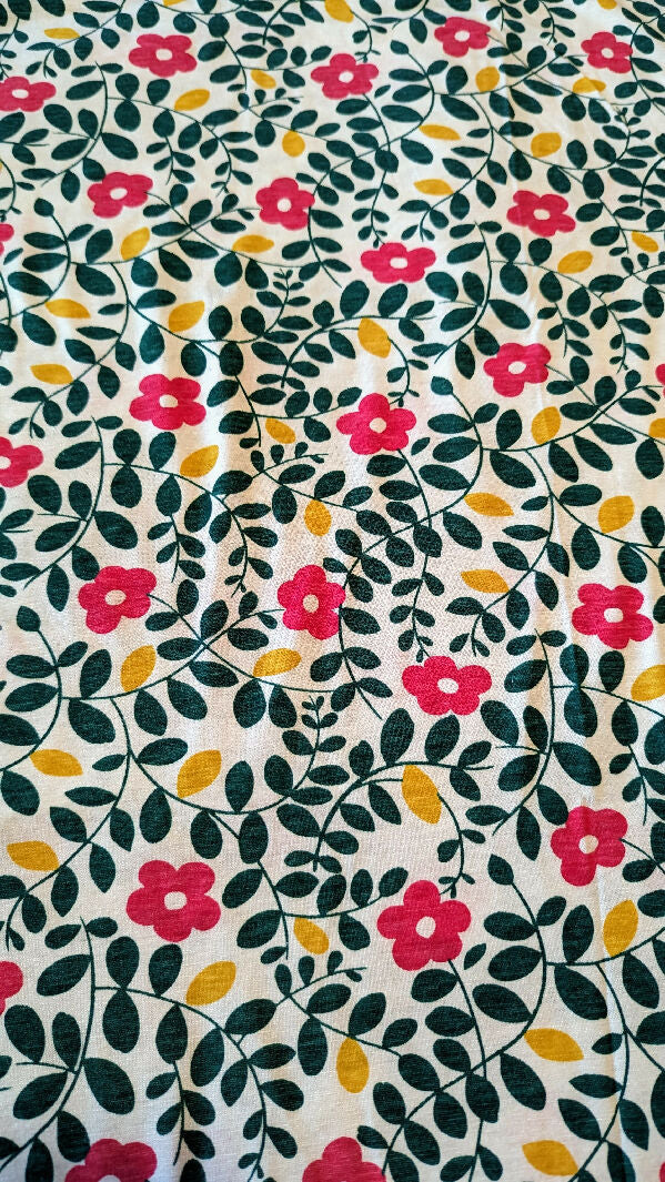 White/Green/Mustard/ Pink Mod Floral Print Knit Fabric 64"W - 1 yd+