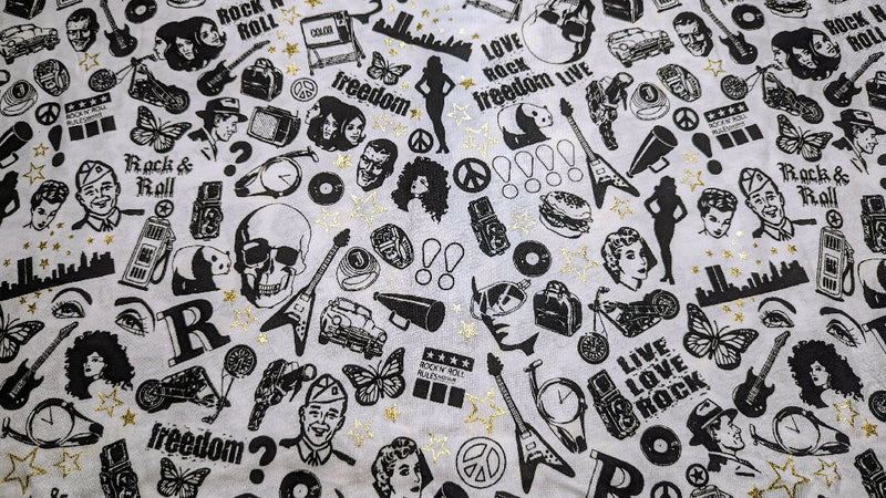 White/Black Rock & Roll Novelty Print Cotton Jersey Knit Fabric 62"W - 1 3/4 yds+