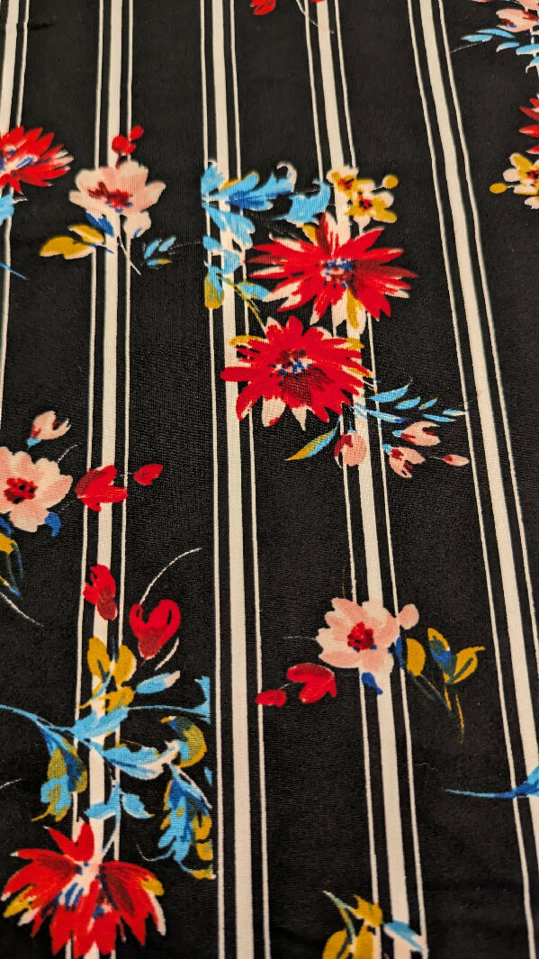 Black/White Stripe Multicolor Floral Print Double Brushed Polyester Knit Fabric 61"W - 1 1/4 yd+
