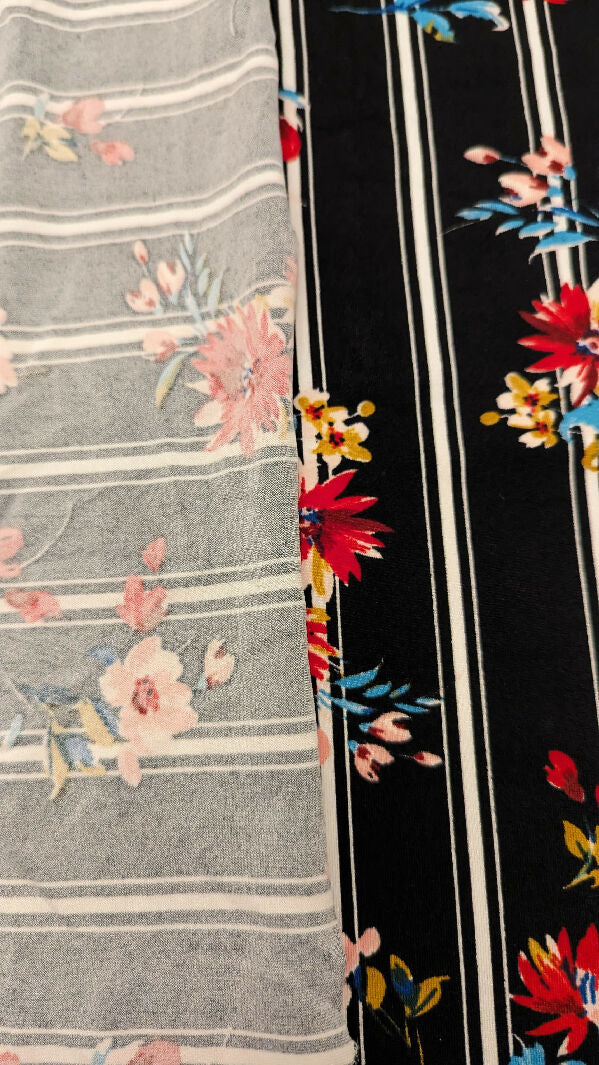 Black/White Stripe Multicolor Floral Print Double Brushed Polyester Knit Fabric 61"W - 1 1/4 yd+