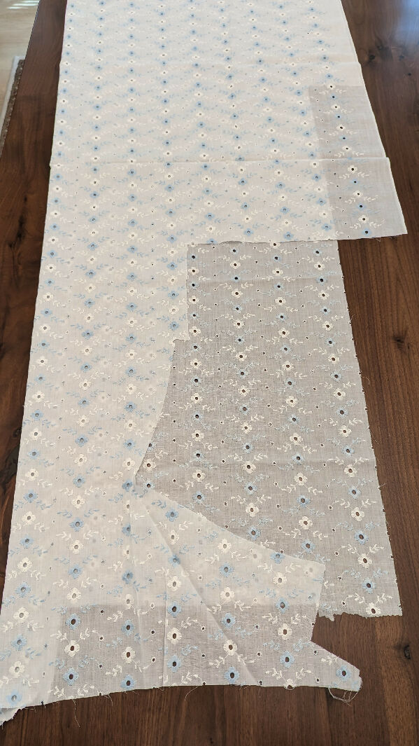 White & Pale Blue Flowers & Vines Broderie Anglaise Eyelet Cotton Woven Fabric REMNANT 45"W - 1 3/4 yd