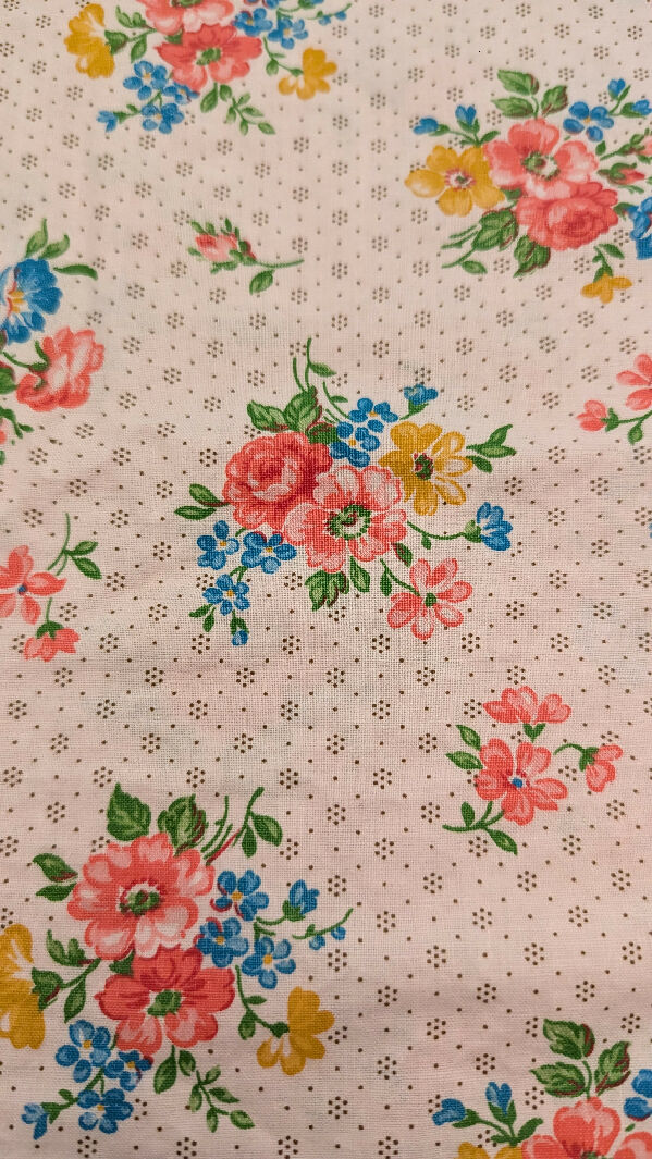 VTG Pink Floral Bouquet & Dots Cotton Woven Fabric 42"W - 2 1/2 yds