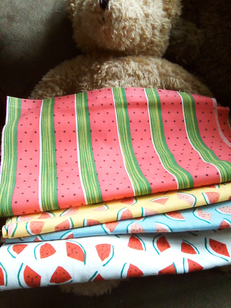 Cotton material, watermelon designs, blue, yellow, white, red colors, 9" x 43"