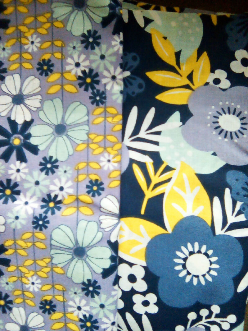 Cotton material, yellow, purple, navy blue colors, mix designs, 9in x 43in all 8 pieces, quilting, sewing, fabric