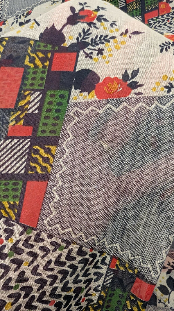 Vintage Multicolor Crazy Quilt Print Voile Woven Fabric 44"W - 2 yds