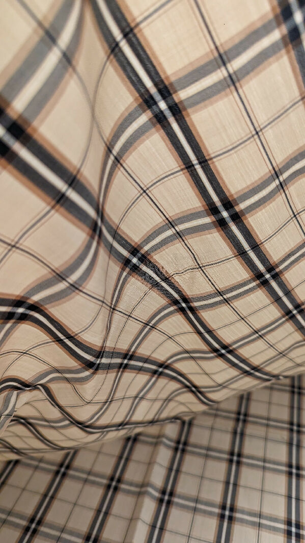 Vintage Beige/Black/Tan/White Tartan Plaid Silk Georgette Woven Fabric 45"W - 2 1/4 yds+