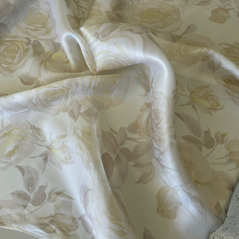 Cream, Taupe & Yellow Floral Pattern Silk Organza Woven - Yardage