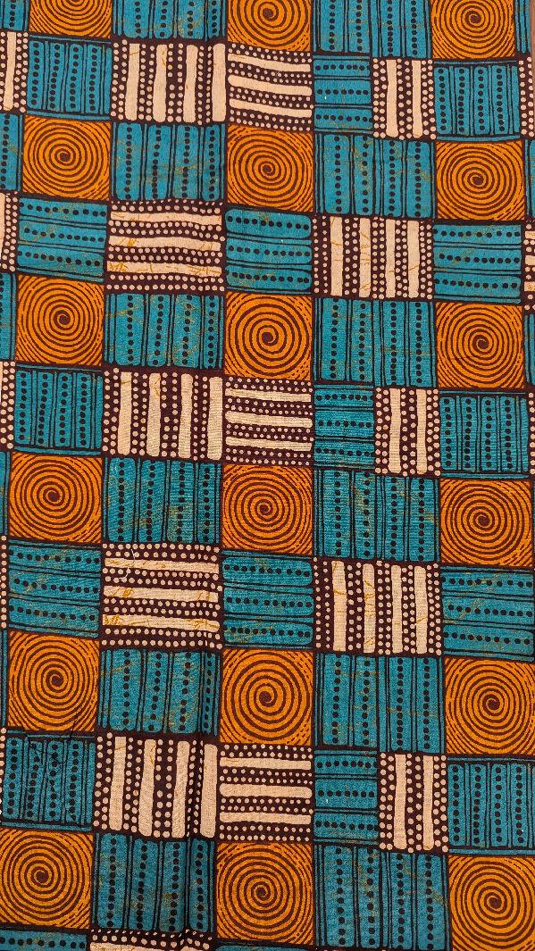 Teal/Orange/Brown/Tan African Wax Print Woven Fabric 42"W - 3 3/4 yds+