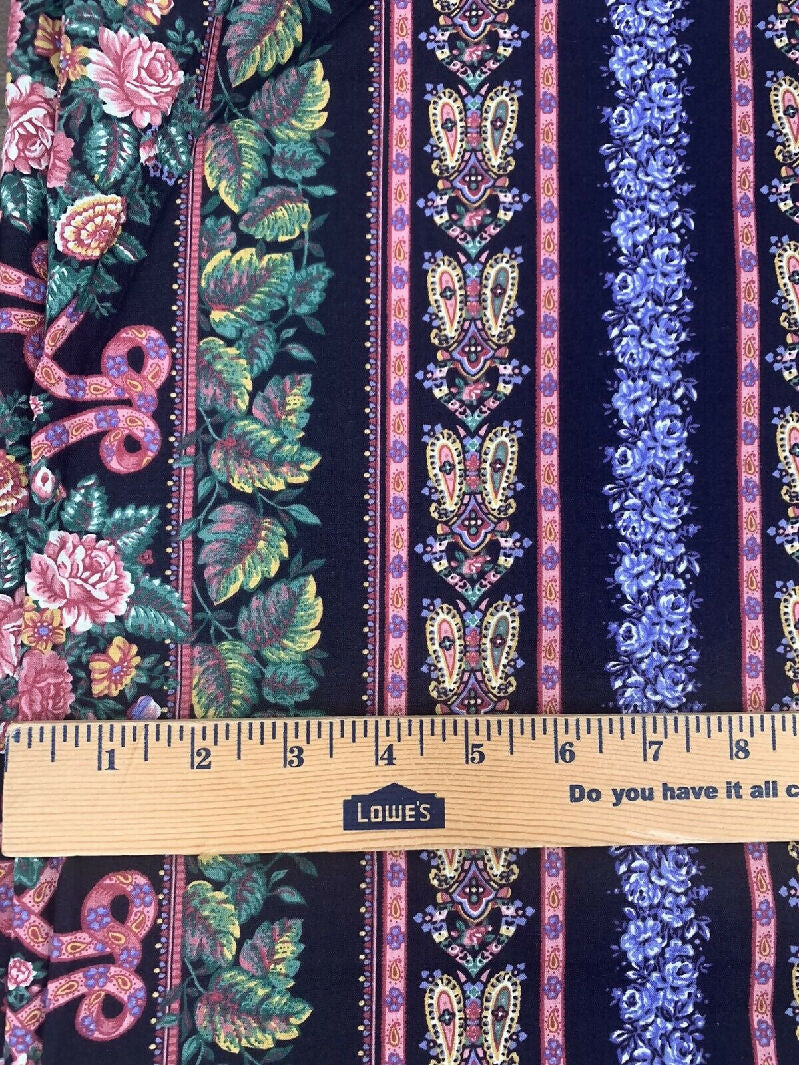 Vintage Spring Industries Fabric Black Floral Stripe Pink Purple 2 yards Cotton