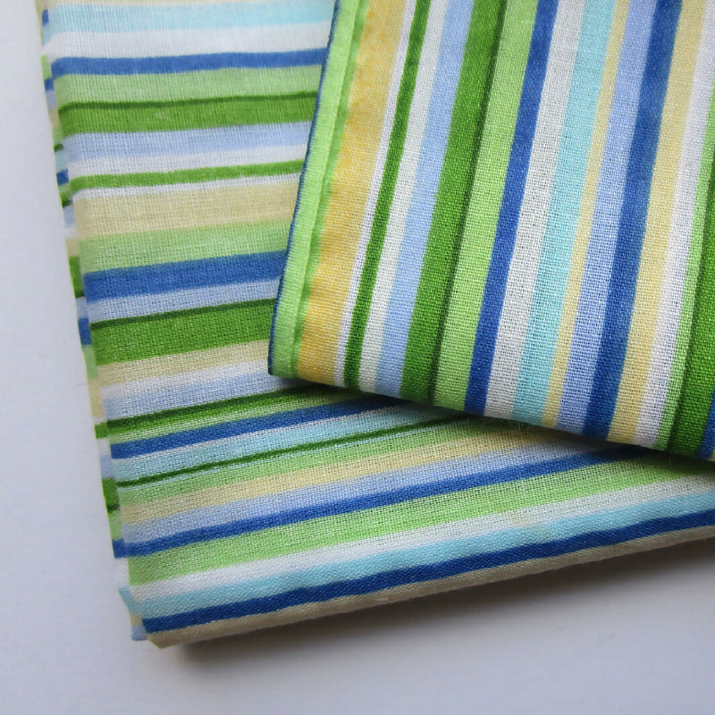 Blue Yellow Green Stripes Cotton/Poly Fabric, 2 Pieces