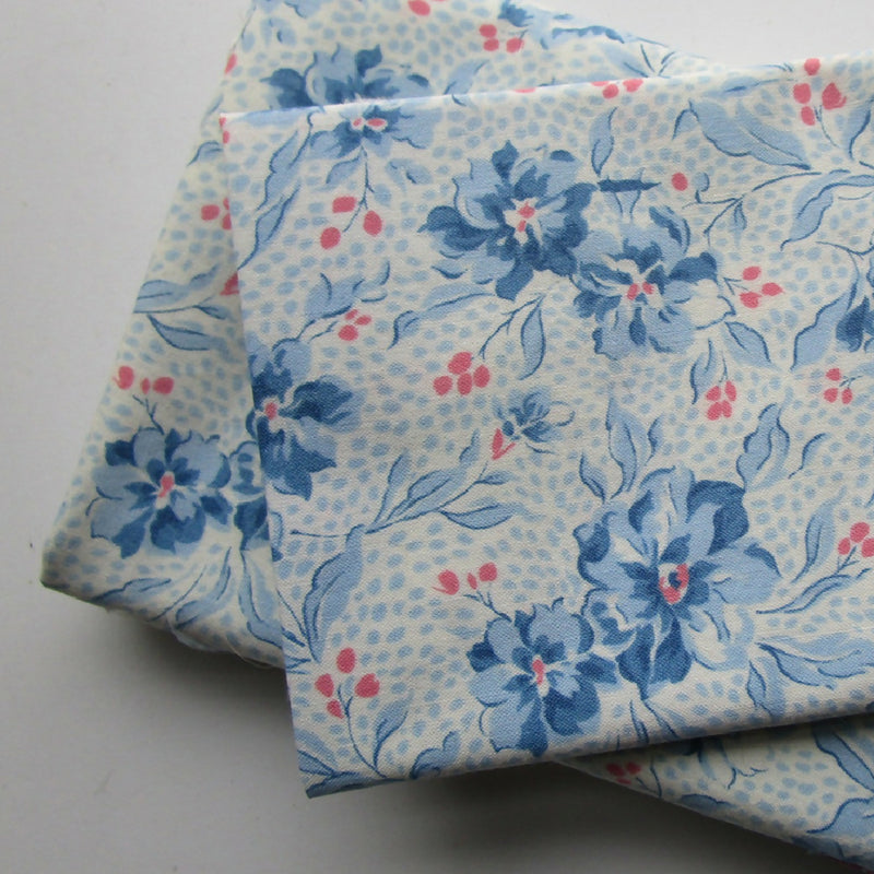 Cotton Fabric, Blue and Pink Floral, Two Large Scrap Pieces