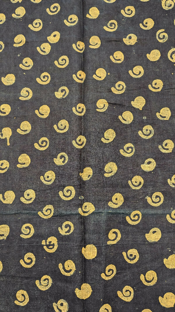 Midnight Blue Gold Spiral Hand Stamped Natural Woven Fabric 46"W - 3 yds+