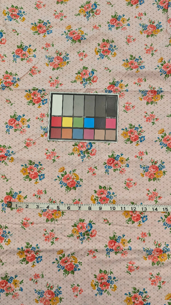 VTG Pink Floral Bouquet & Dots Cotton Woven Fabric 42"W - 2 1/2 yds