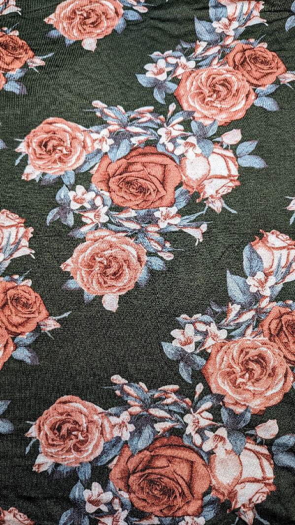 Dark Olive Green/Rose Floral Print Rayon Spandex Jersey Fabric 58"W - 2 yds