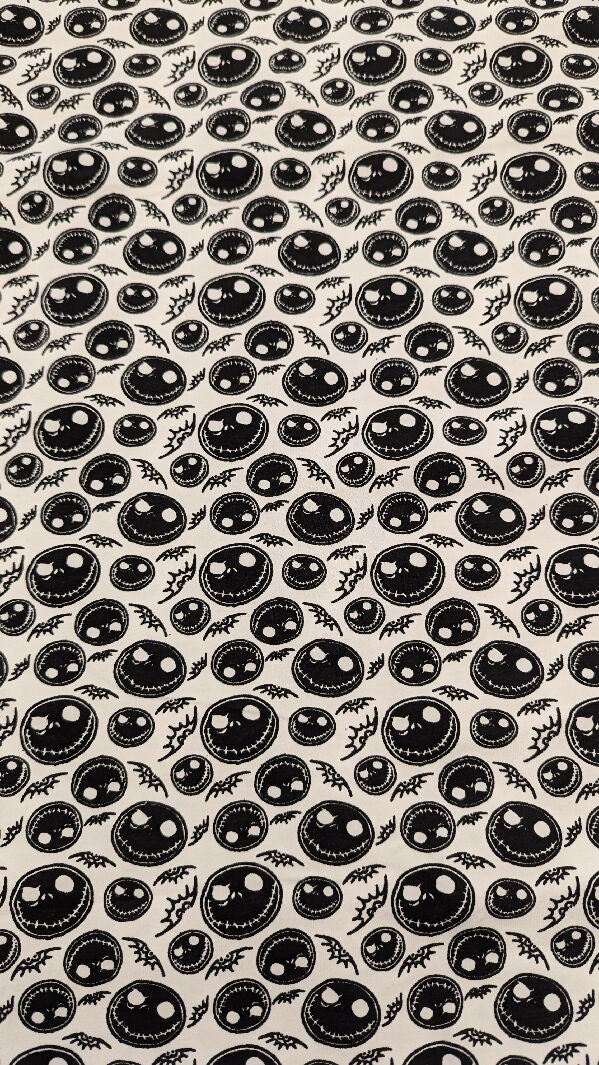 White/Black Jack Skellington Novelty Print Cotton Spandex Knit Fabric REMNANT 60"W - 1 1/4 yd+