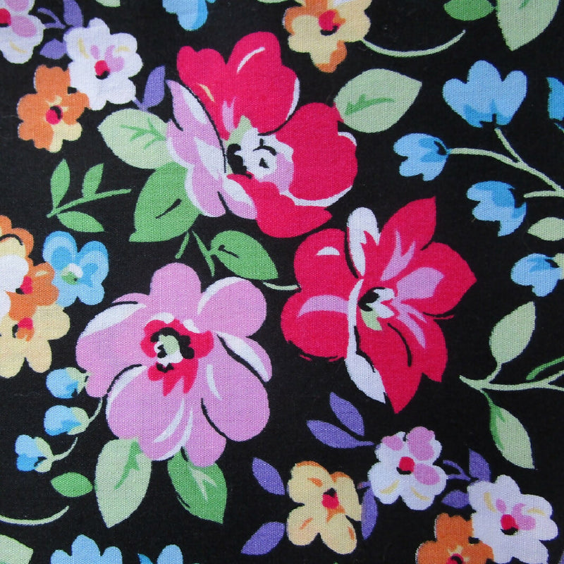 Cotton Fabric, Multicolor Floral on Black, 44" x 82"