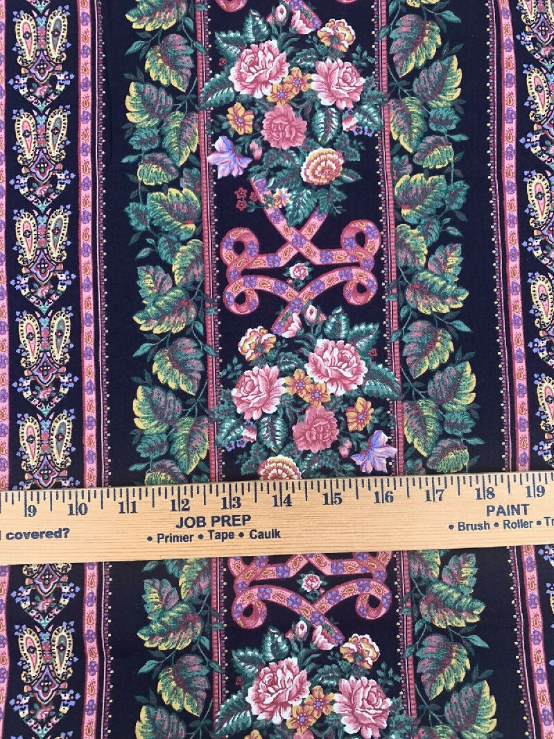 Vintage Spring Industries Fabric Black Floral Stripe Pink Purple 2 yards Cotton