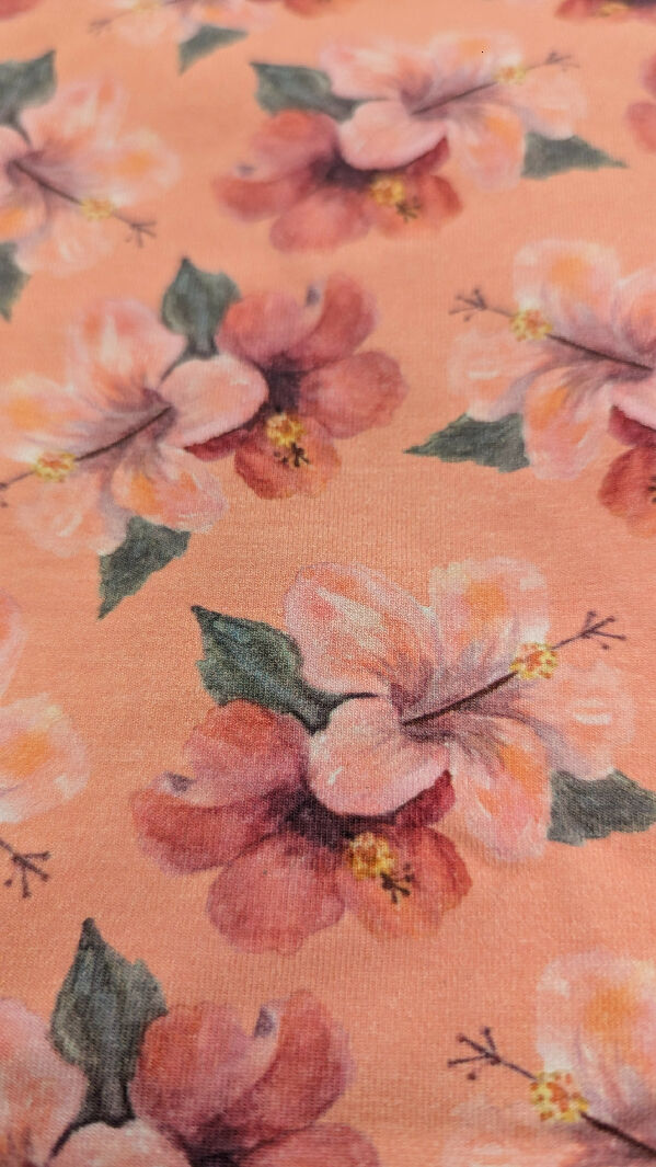 Salmon Colored Hibiscus Print Cotton Spandex Knit Fabric 62"W - 1 yd+