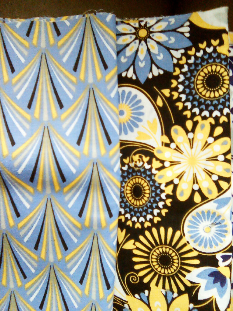 Cotton material, black, purple, dark blue, yellow, mix designs, 9in x 43in all 8 pieces, fabric