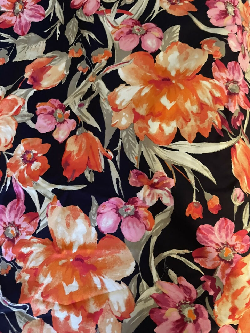 Navy Pink Orange Floral Stretch Sateen - 1.25 yds