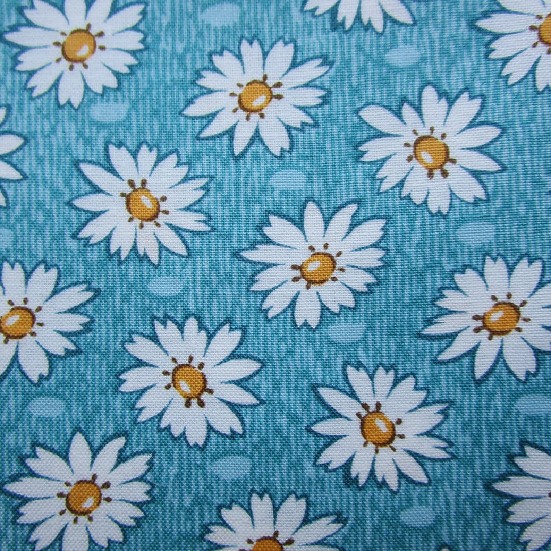 Cotton Fabric, Teal Blue with White Daisies, 2 Pieces