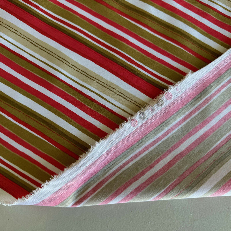 Coral, Tan and White Stripe Print Cotton-Lycra Blend Woven - Yardage