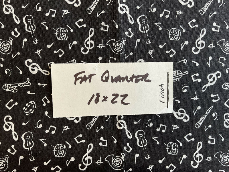 Fat quarter - black with white music print