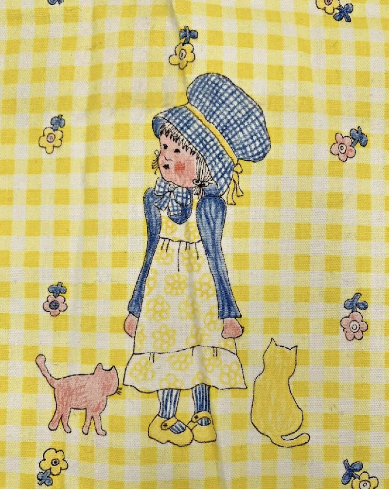 Vintage Holly Hobbie Fabric Gingham Yellow Check Prairie Bonnet 1y + 13"x44" Twill