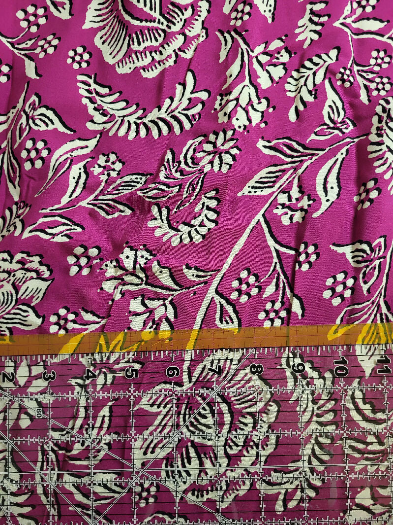 Magenta floral print rayon poplin/challis fabric, Magenta/black/cream