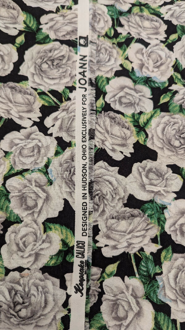 Gray Roses on Black Background Quilting Cotton Woven Fabric 46"W - 5 yds