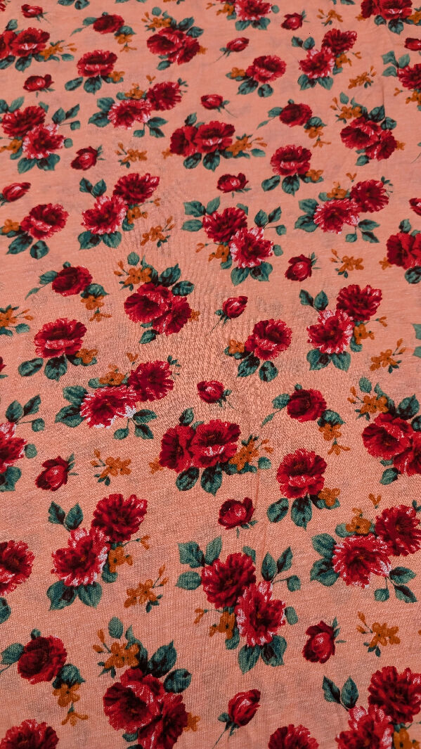 Salmon Pink/Red Floral Print Cotton Jersey 55"W - 1 1/2 yd