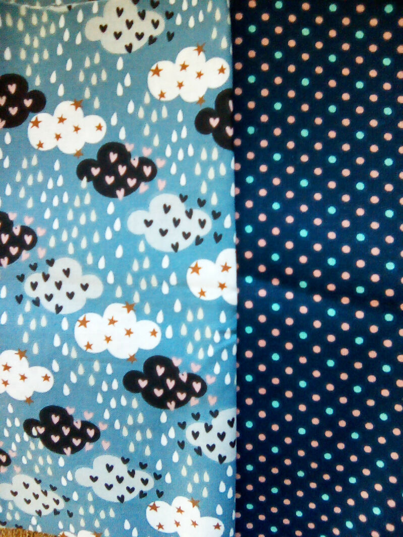 Cotton material, mix colors, clouds, dots, flower designs, 9in x 43in all 8 pieces, quilting, sewing, fabric