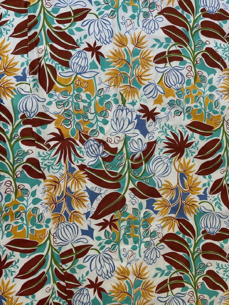 Vintage aqua brown gold floral woven fabric