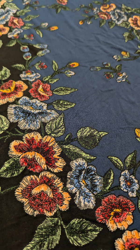 Navy Blue Floral Border Print ITY Knit Fabric 58"W - 2 1/4 yds +