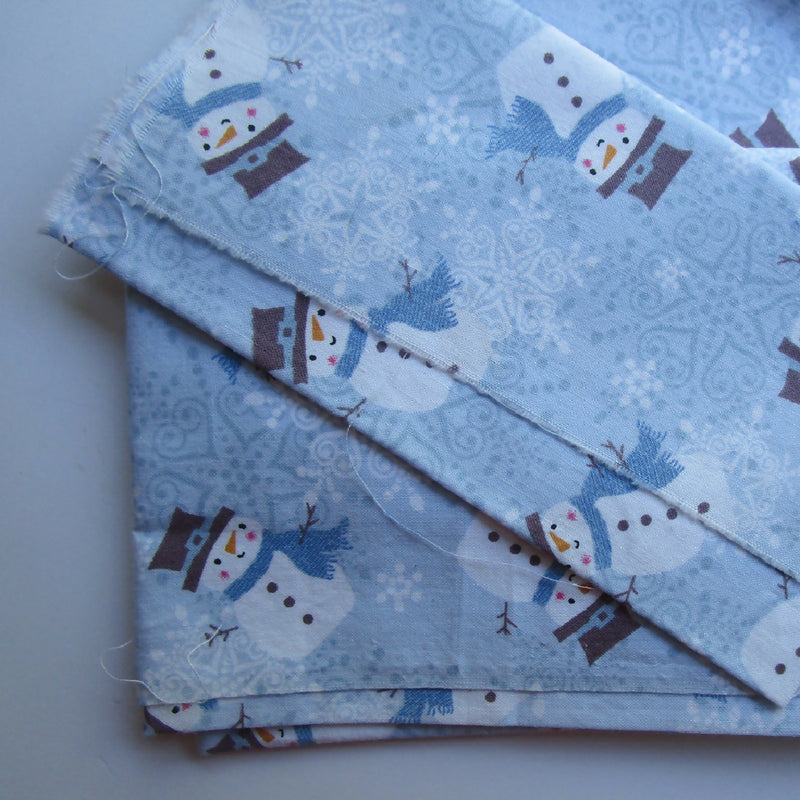 Cotton Sewing/Quilting Fabric, Snowmen + Snowflakes on Blue, 3 Pieces