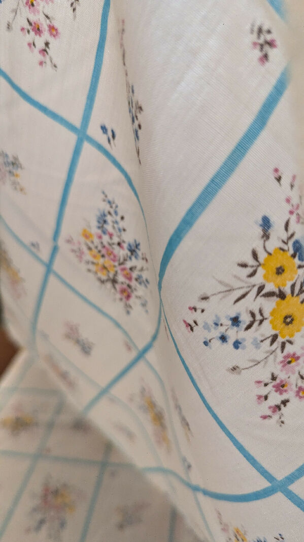 Vintage White/Aqua Grid & Floral Print Cotton Woven Fabric 44"W - 2 1/2 yds