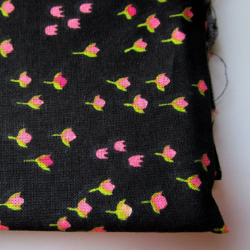 Pink Floral on Black Cotton Fabric, 43" x 59"