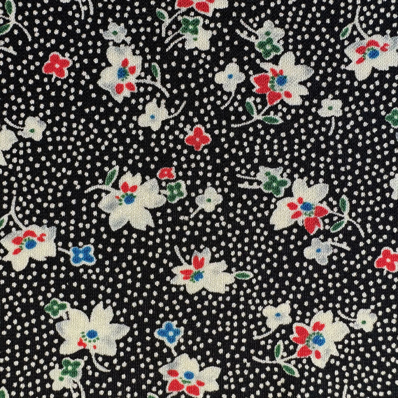 Black with Small White Dots and Floral Pattern Synthetic Knit - Yardage