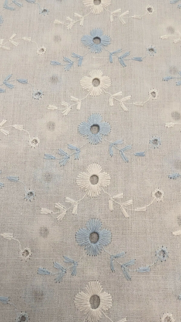 White & Pale Blue Flowers & Vines Broderie Anglaise Eyelet Cotton Woven Fabric REMNANT 45"W - 1 3/4 yd