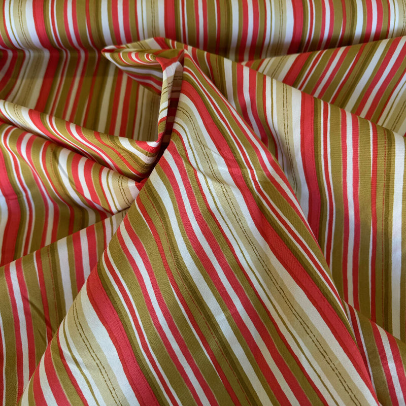Coral, Tan and White Stripe Print Cotton-Lycra Blend Woven - Yardage