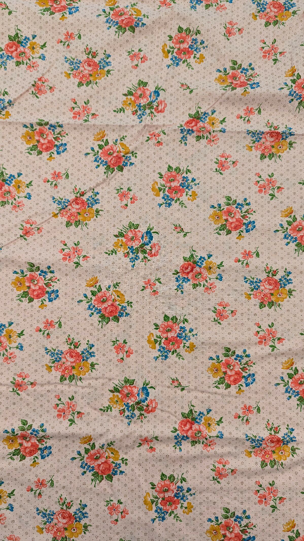 VTG Pink Floral Bouquet & Dots Cotton Woven Fabric 42"W - 2 1/2 yds