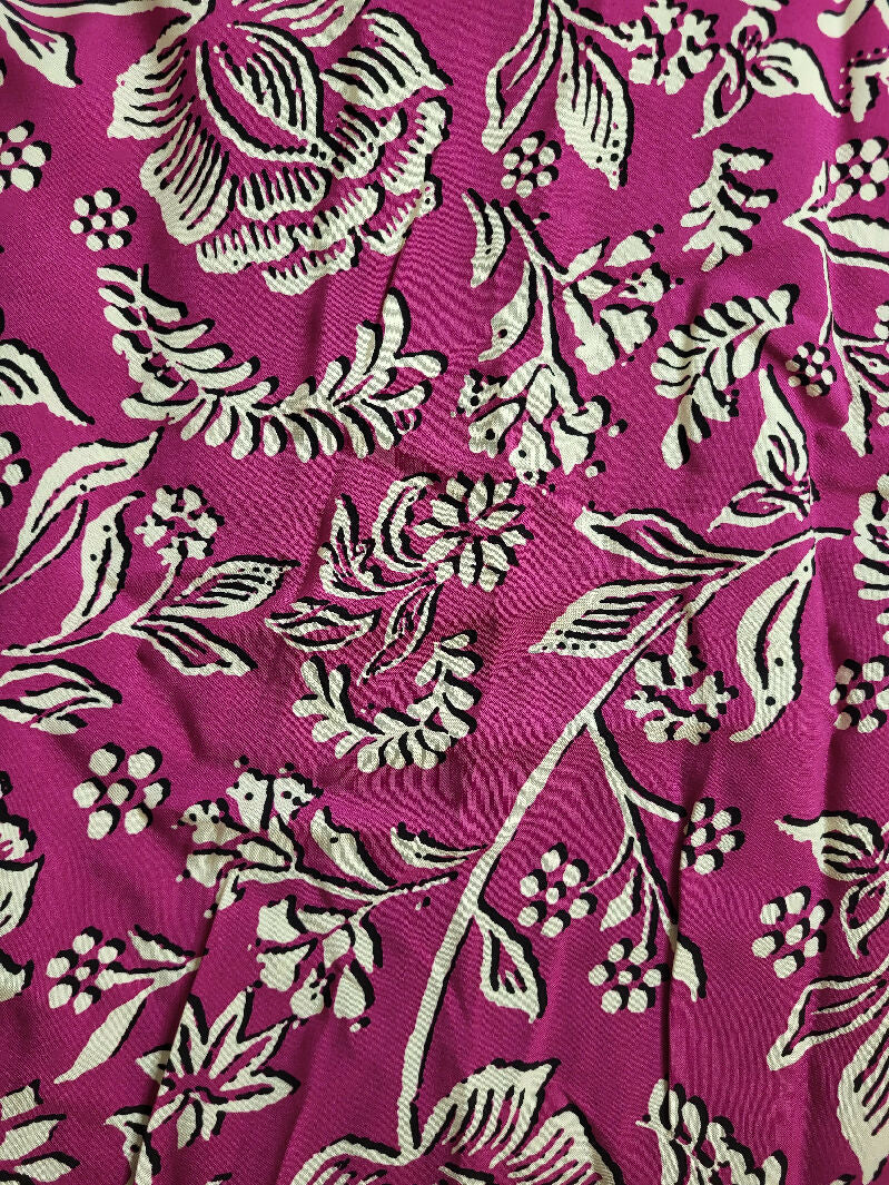 Magenta floral print rayon poplin/challis fabric, Magenta/black/cream