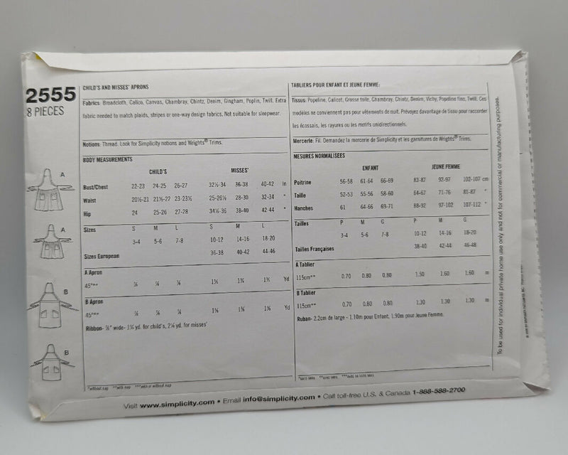 Simplicity 2555 Adjustable Apron Pattern Sizes S-L