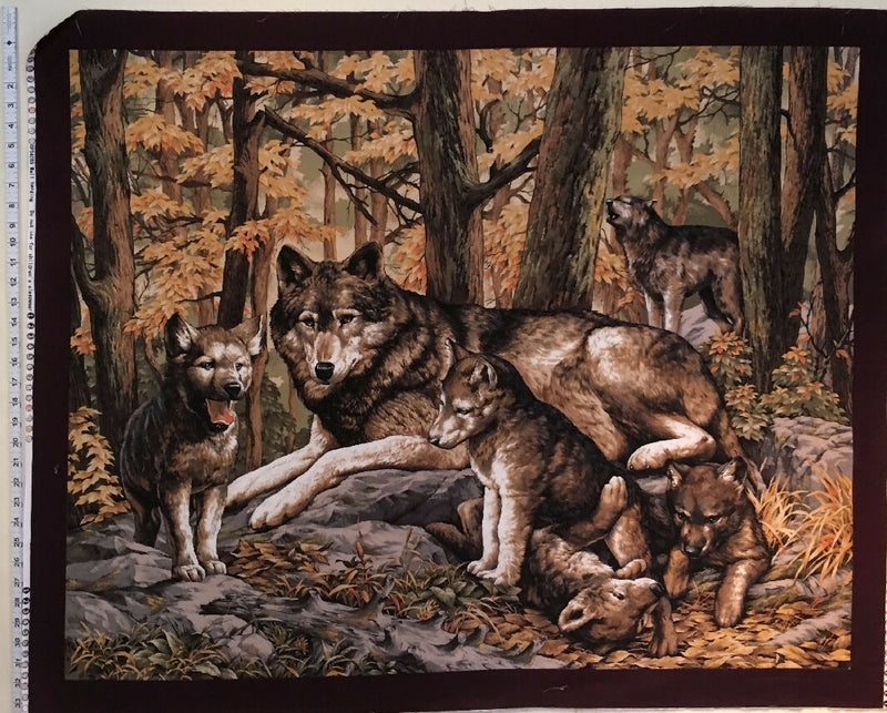 SOLD NOT AVAILABLE FABRIC Picture Panel Wolf Family in Fall 