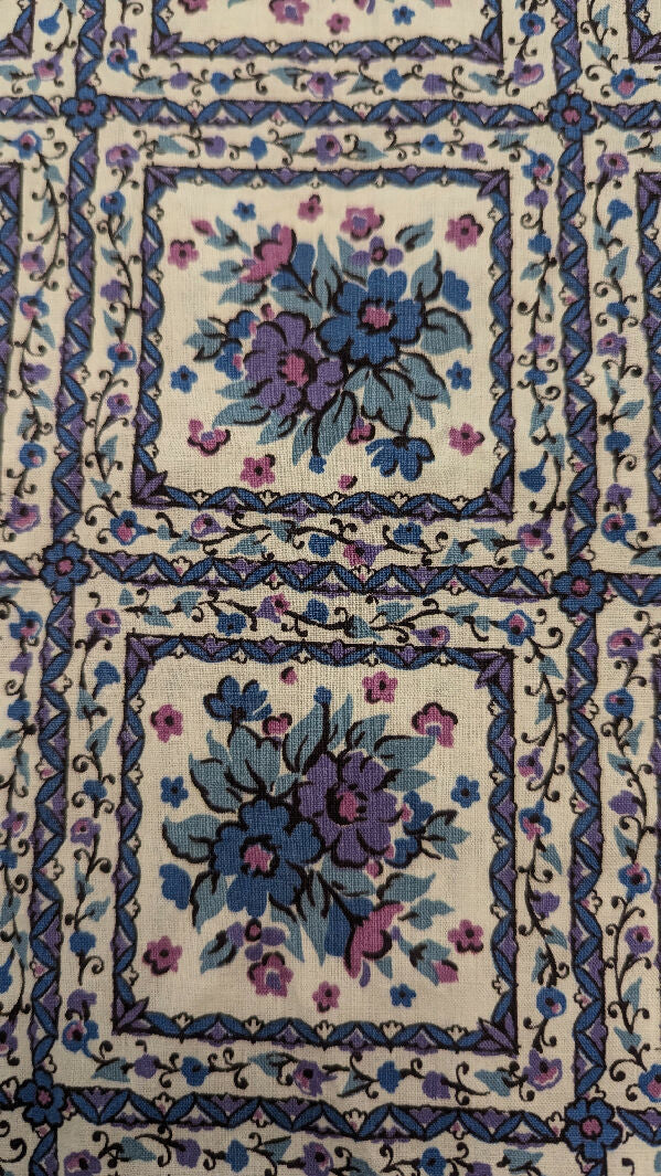 VTG Blue/Purple/Mauve/White Floral Grid Print Cotton Woven Fabric 36"W - 5 1/4 yds+