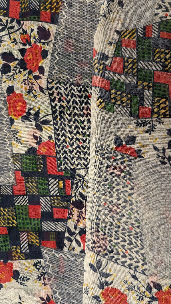 Vintage Multicolor Crazy Quilt Print Voile Woven Fabric 44"W - 2 yds